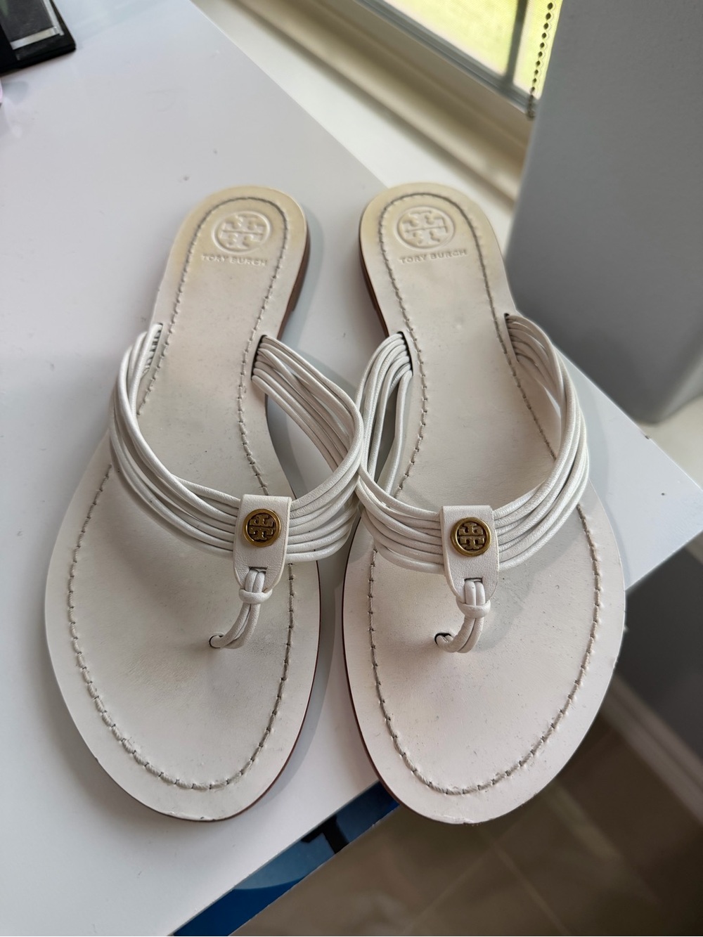 Tory Burch white Multi-Strap Leather Thong Sandals with Gold Logo
